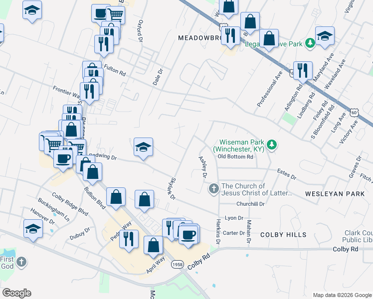 map of restaurants, bars, coffee shops, grocery stores, and more near Skylark Drive in Winchester