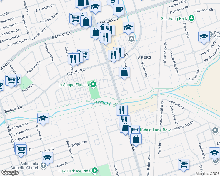 map of restaurants, bars, coffee shops, grocery stores, and more near 9940 Woodvale Drive in Stockton
