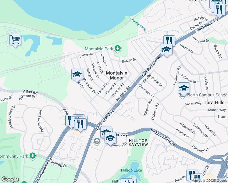 map of restaurants, bars, coffee shops, grocery stores, and more near 1307 Frances Road in San Pablo