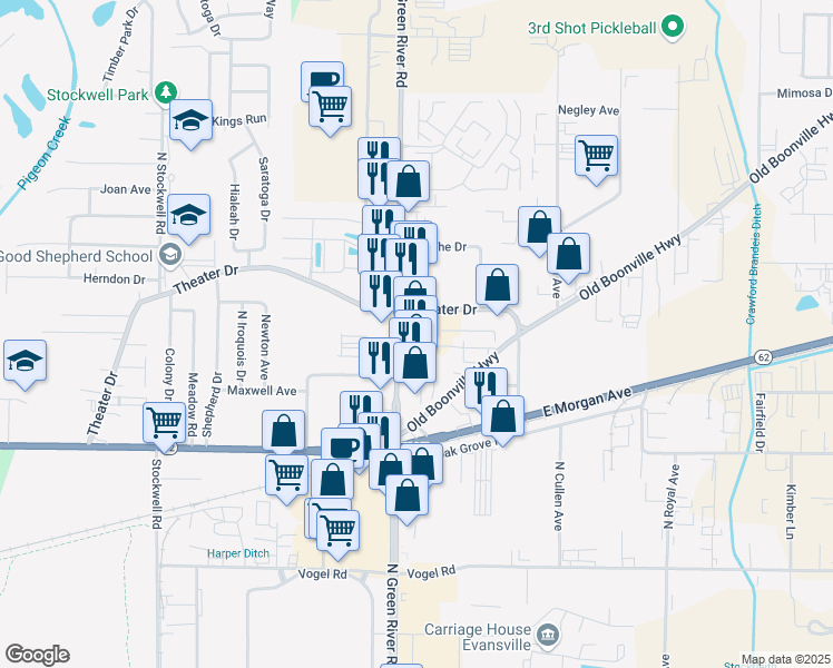 map of restaurants, bars, coffee shops, grocery stores, and more near 2001 North Green River Road in Evansville