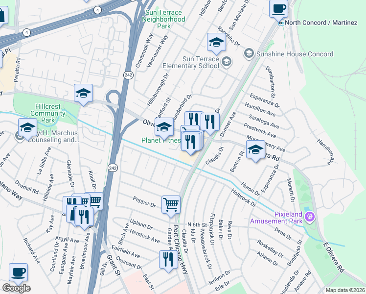 map of restaurants, bars, coffee shops, grocery stores, and more near 2451 Olivera Road in Concord