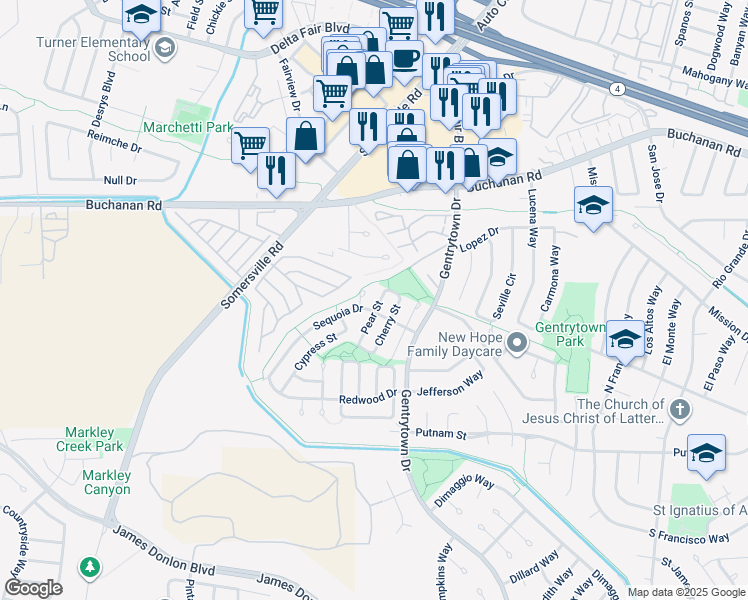 map of restaurants, bars, coffee shops, grocery stores, and more near 2920 Pear Street in Antioch