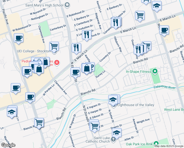 map of restaurants, bars, coffee shops, grocery stores, and more near 4707 Kentfield Road in Stockton