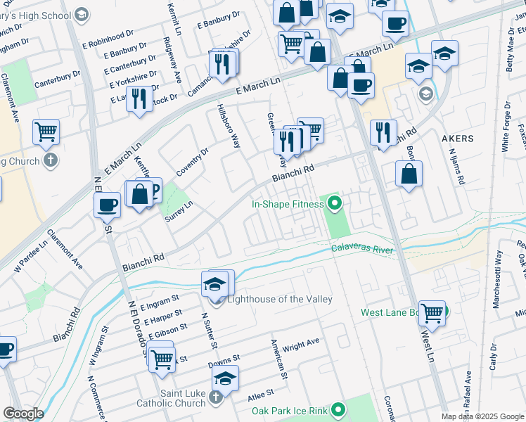 map of restaurants, bars, coffee shops, grocery stores, and more near 4458 Calandria Street in Stockton