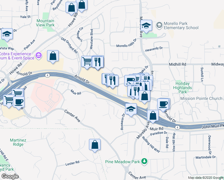 map of restaurants, bars, coffee shops, grocery stores, and more near 1051 Arnold Drive in Martinez