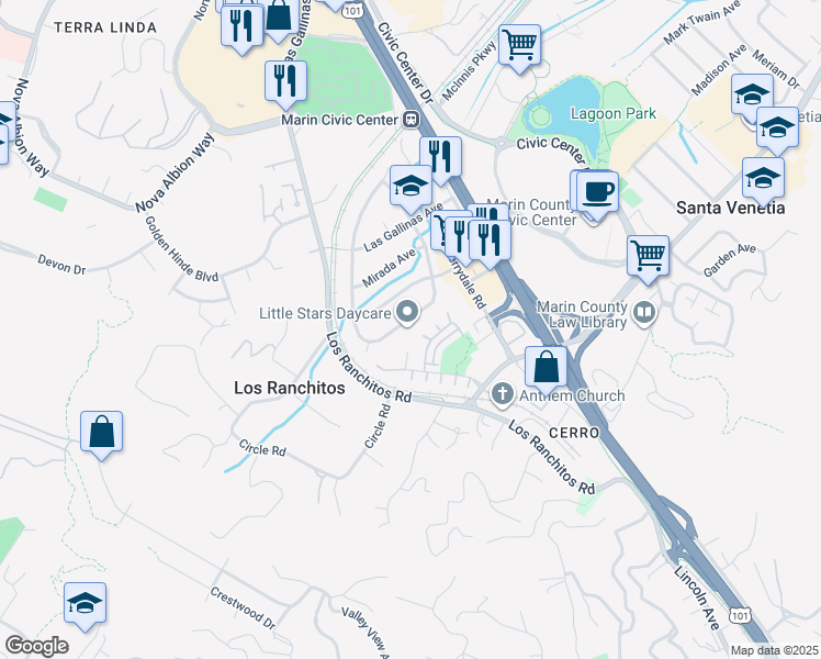 map of restaurants, bars, coffee shops, grocery stores, and more near 22 Corrillo Drive in San Rafael