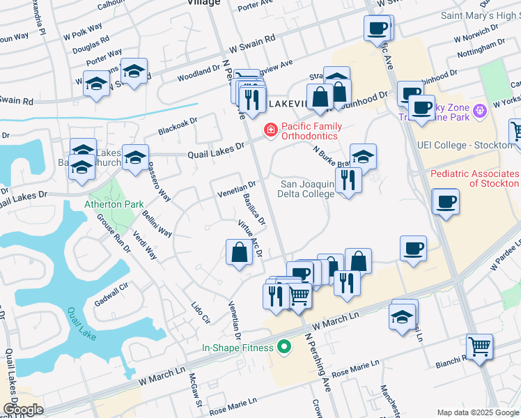 map of restaurants, bars, coffee shops, grocery stores, and more near 5216 Basilica Drive in Stockton