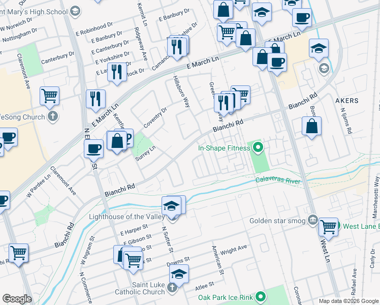 map of restaurants, bars, coffee shops, grocery stores, and more near 405 East Bianchi Road in Stockton