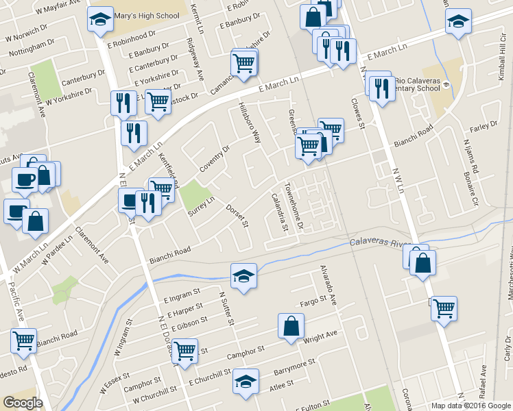 map of restaurants, bars, coffee shops, grocery stores, and more near 405 East Bianchi Road in Stockton