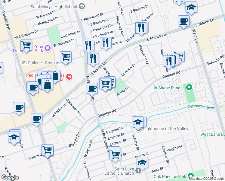 map of restaurants, bars, coffee shops, grocery stores, and more near 4701 Kentfield Road in Stockton