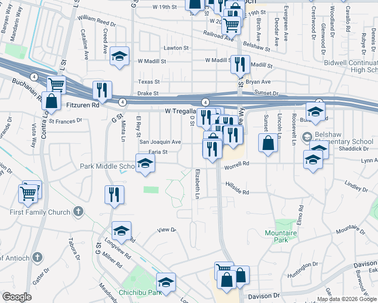 map of restaurants, bars, coffee shops, grocery stores, and more near 2804 D Street in Antioch