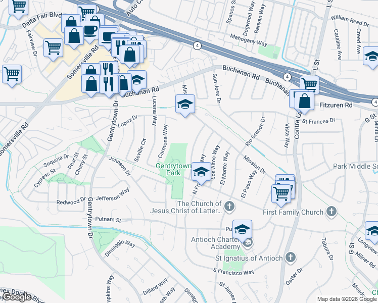 map of restaurants, bars, coffee shops, grocery stores, and more near 2940 Palo Verde Way in Antioch