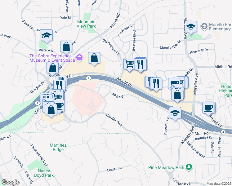 map of restaurants, bars, coffee shops, grocery stores, and more near 205 Muir Road in Martinez