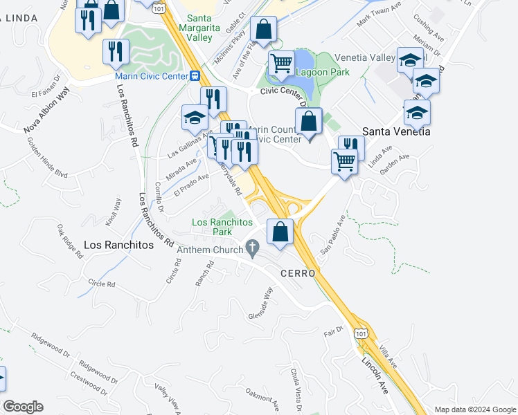 map of restaurants, bars, coffee shops, grocery stores, and more near 124 Merrydale Road in San Rafael