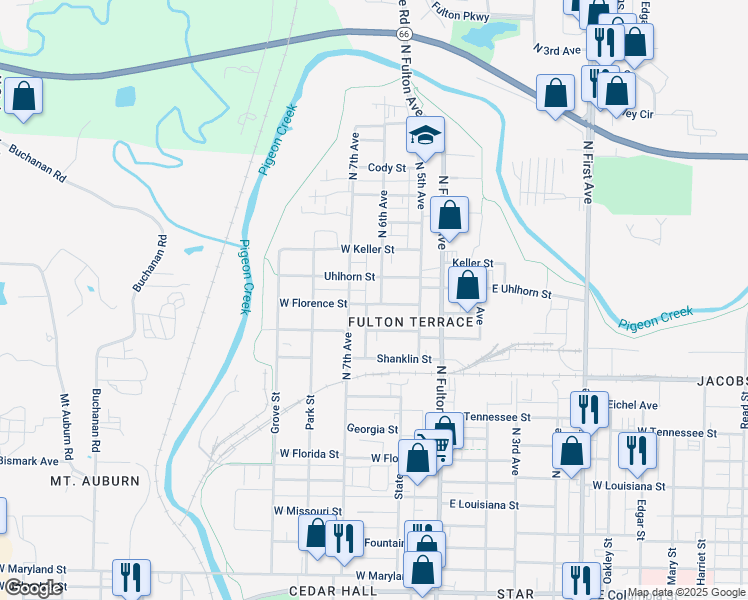 map of restaurants, bars, coffee shops, grocery stores, and more near 1806-1808 North 6th Avenue in Evansville