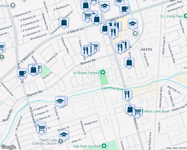 map of restaurants, bars, coffee shops, grocery stores, and more near 4433 Continental Way in Stockton