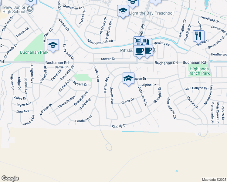 map of restaurants, bars, coffee shops, grocery stores, and more near 1134 Jewett Avenue in Pittsburg