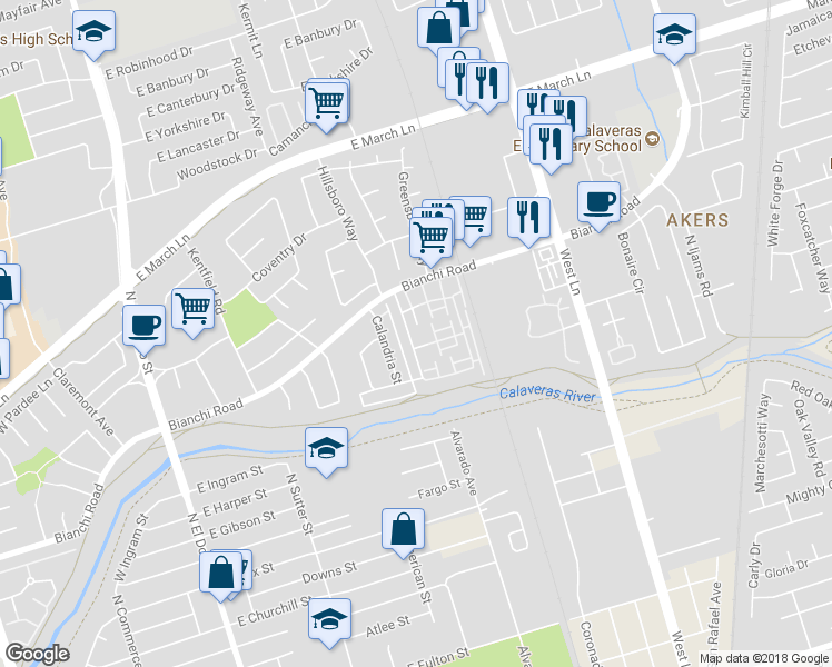 map of restaurants, bars, coffee shops, grocery stores, and more near 523 Cabana Way in Stockton