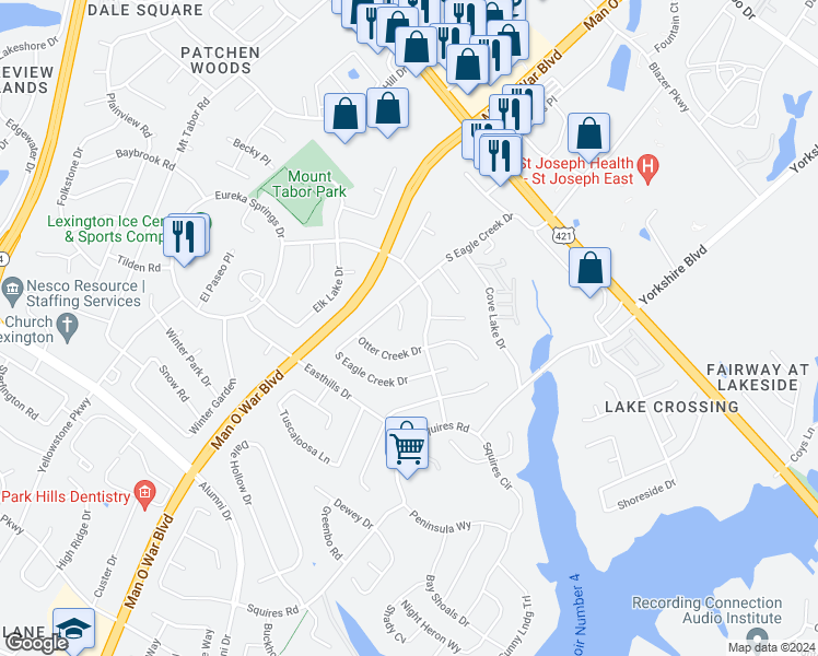 map of restaurants, bars, coffee shops, grocery stores, and more near 3313 Barren River Court in Lexington