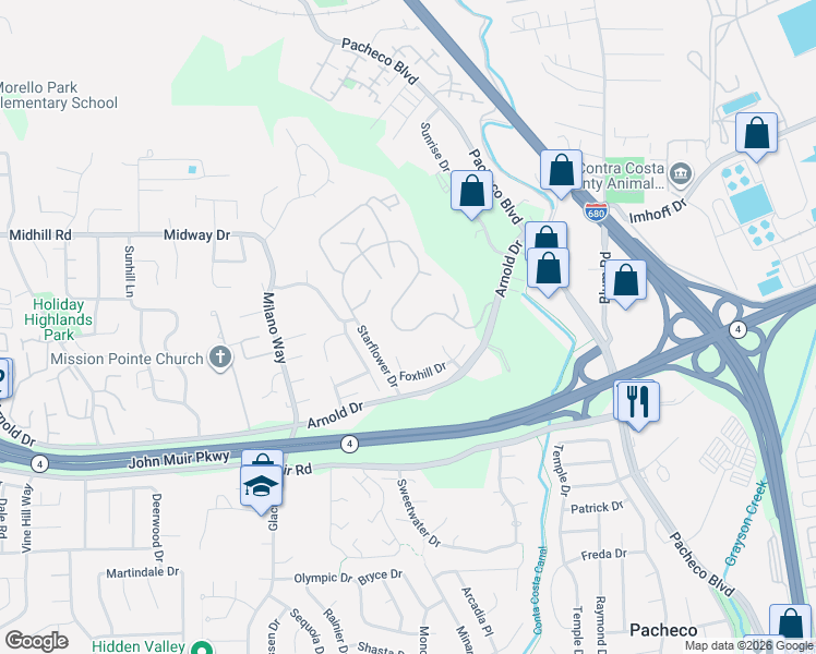 map of restaurants, bars, coffee shops, grocery stores, and more near 4869 Starflower Drive in Martinez