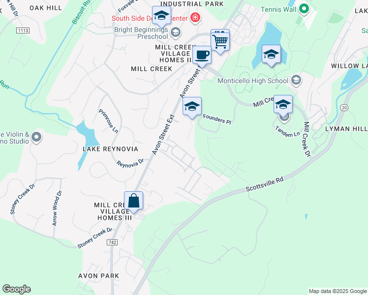 map of restaurants, bars, coffee shops, grocery stores, and more near 2052 Avinity Loop in Charlottesville