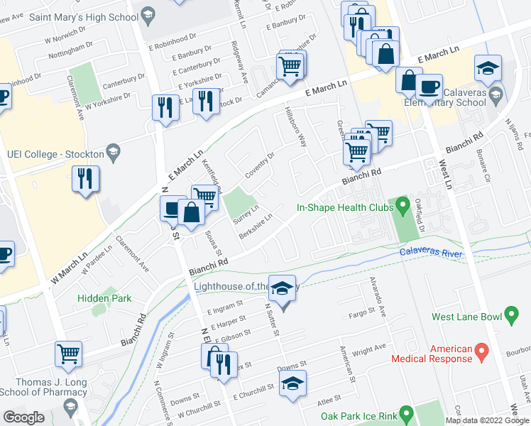 map of restaurants, bars, coffee shops, grocery stores, and more near 4609 Dorset Street in Stockton