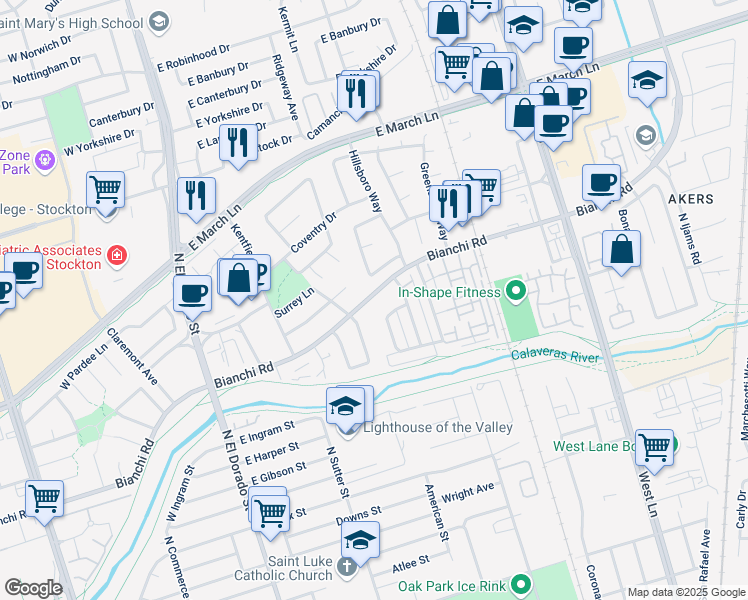 map of restaurants, bars, coffee shops, grocery stores, and more near 405 East Bianchi Road in Stockton