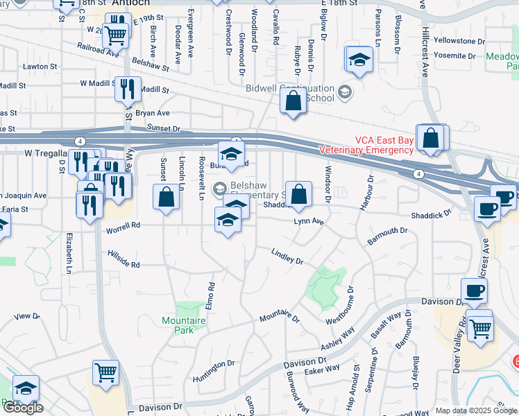 map of restaurants, bars, coffee shops, grocery stores, and more near 400 Shaddick Drive in Antioch