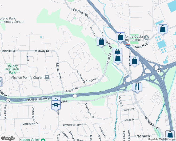 map of restaurants, bars, coffee shops, grocery stores, and more near 4867 Starflower Drive in Martinez