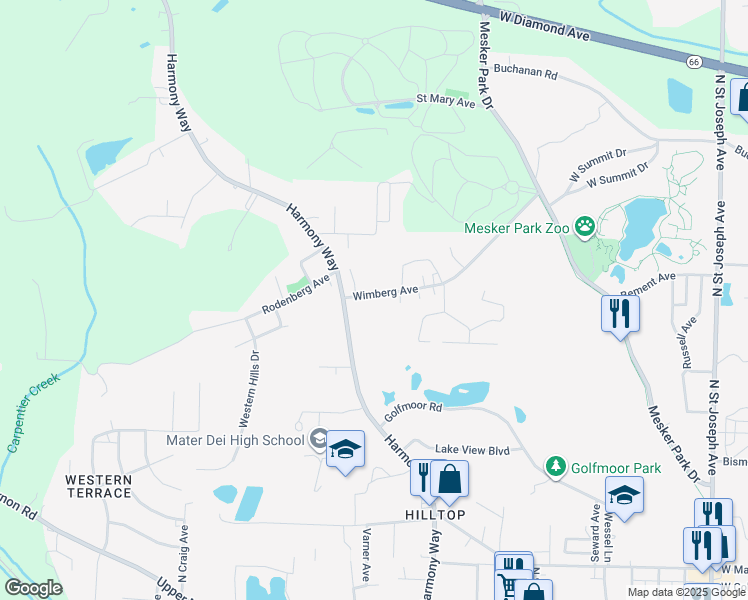 map of restaurants, bars, coffee shops, grocery stores, and more near 3322 Wimberg Avenue in Evansville