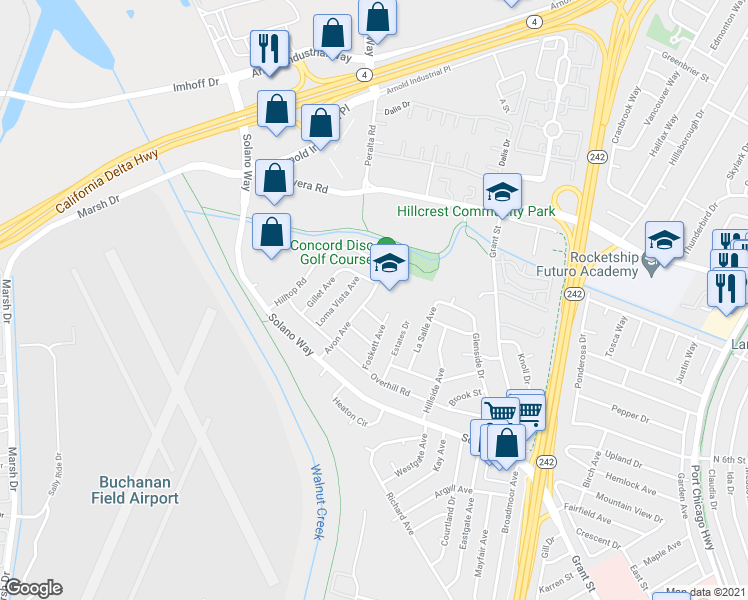 map of restaurants, bars, coffee shops, grocery stores, and more near 2868 Avon Avenue in Concord