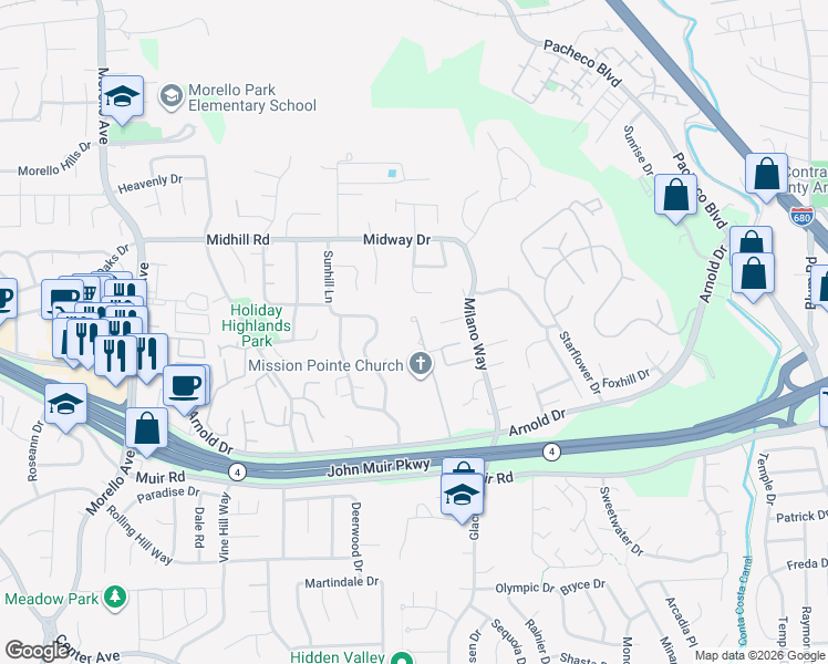 map of restaurants, bars, coffee shops, grocery stores, and more near 4008 Hiller Lane in Martinez