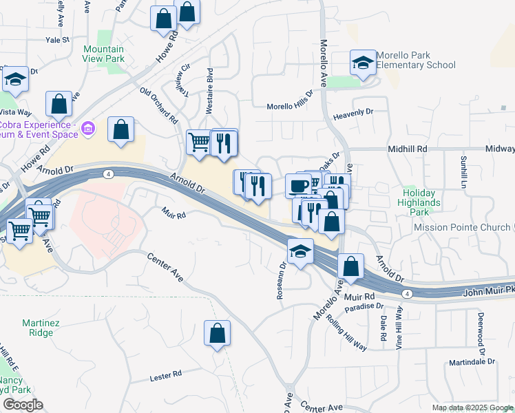 map of restaurants, bars, coffee shops, grocery stores, and more near 1047 Arnold Drive in Martinez