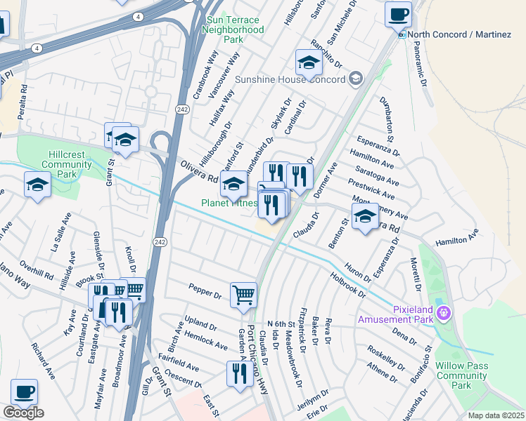 map of restaurants, bars, coffee shops, grocery stores, and more near 2451 Olivera Road in Concord