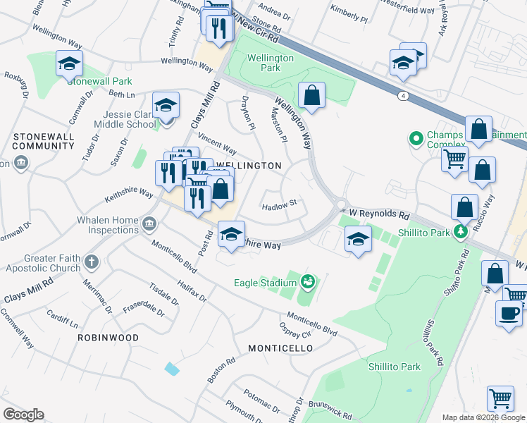 map of restaurants, bars, coffee shops, grocery stores, and more near 556 Hadlow Street in Lexington