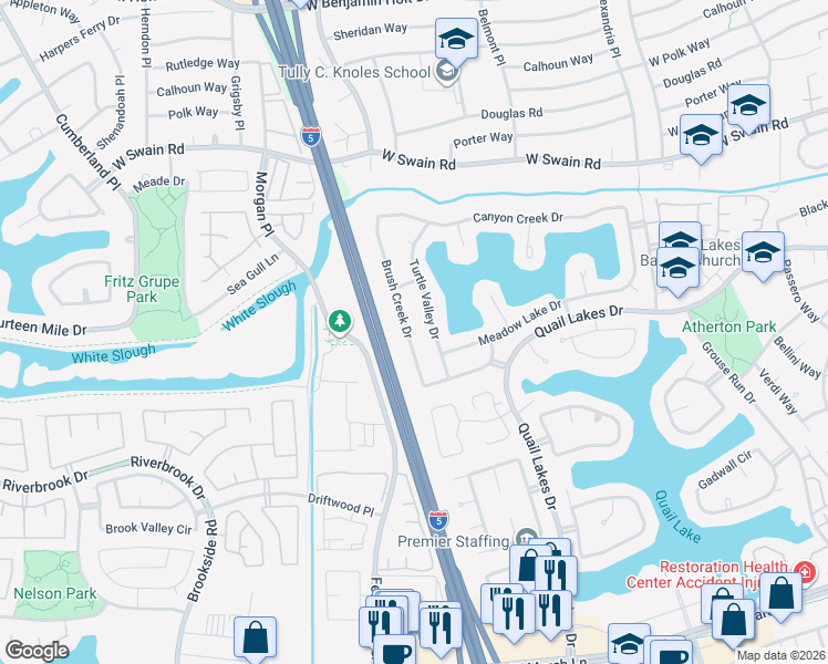 map of restaurants, bars, coffee shops, grocery stores, and more near 5705 Turtle Valley Drive in Stockton