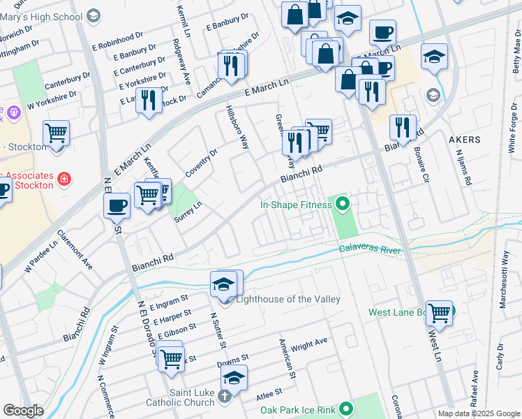 map of restaurants, bars, coffee shops, grocery stores, and more near 4479 La Cresta Way in Stockton