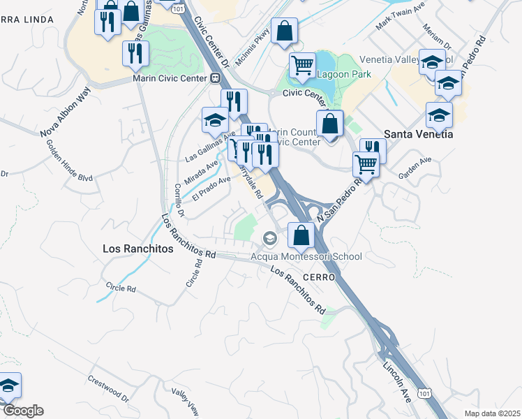 map of restaurants, bars, coffee shops, grocery stores, and more near 135 Merrydale Rd in San Rafael