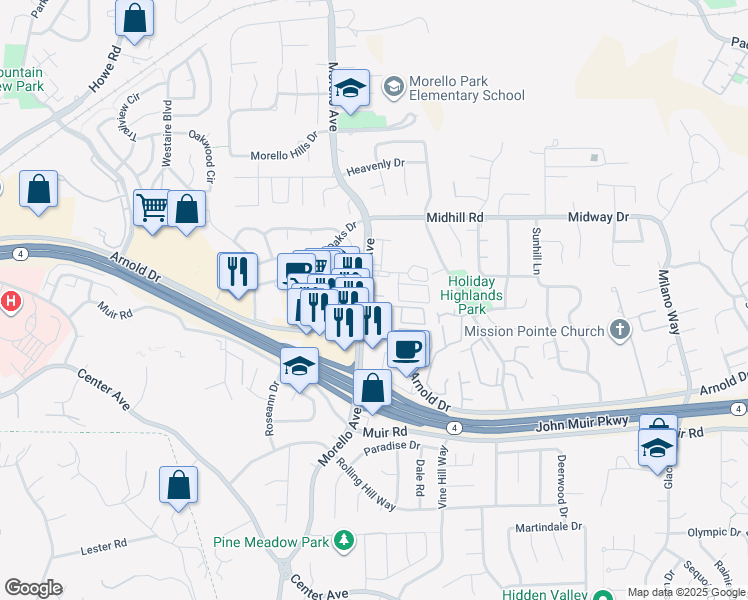 map of restaurants, bars, coffee shops, grocery stores, and more near 20 Ashford Place in Martinez