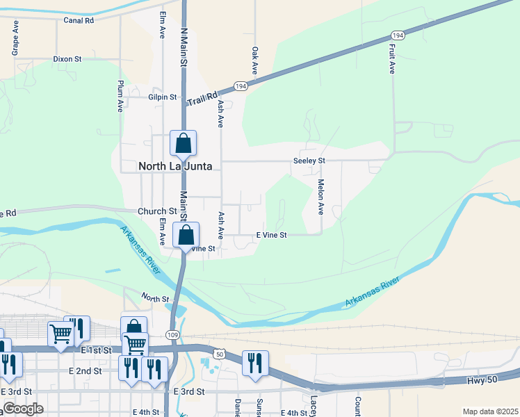 map of restaurants, bars, coffee shops, grocery stores, and more near 122 East Church Street in La Junta