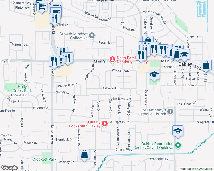 map of restaurants, bars, coffee shops, grocery stores, and more near 4860 Dawson Drive in Oakley