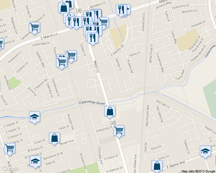 map of restaurants, bars, coffee shops, grocery stores, and more near 1532 Jodi Ct in Stockton
