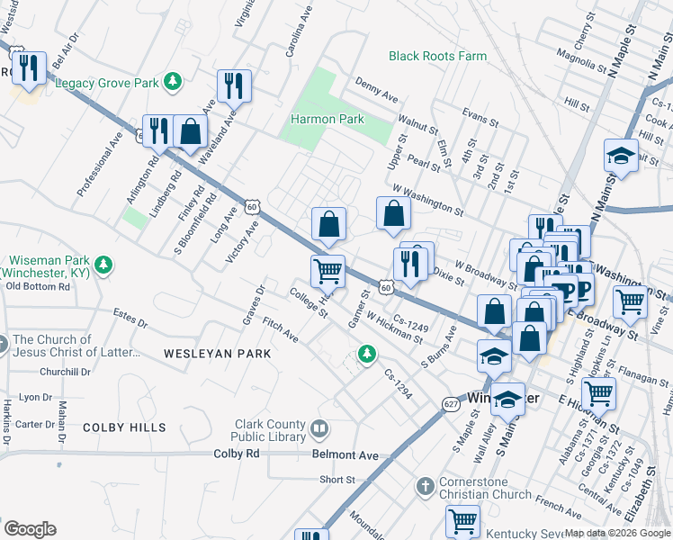map of restaurants, bars, coffee shops, grocery stores, and more near 502 West Lexington Avenue in Winchester