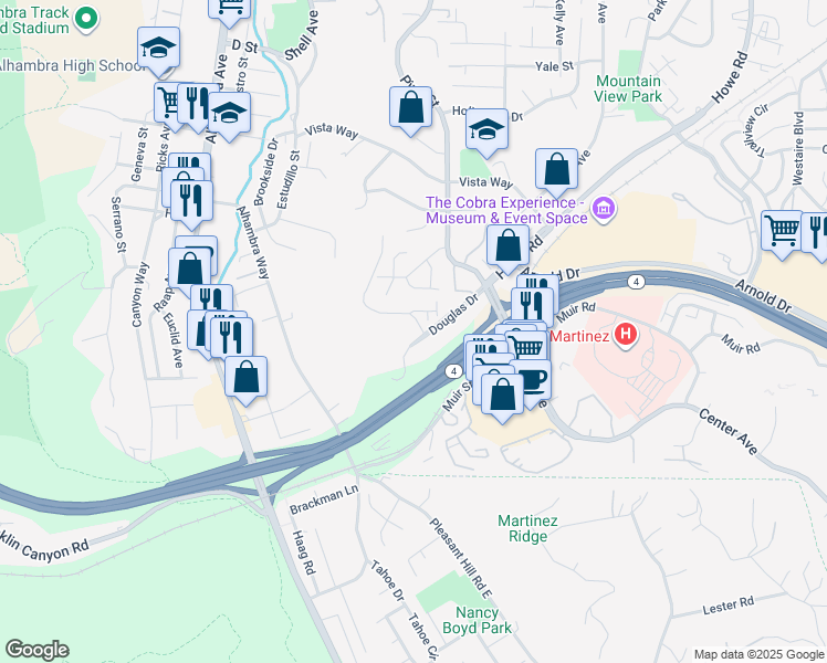 map of restaurants, bars, coffee shops, grocery stores, and more near 3800 Vista Oaks Drive in Martinez