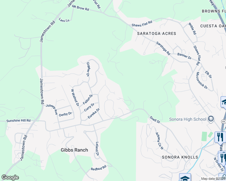 map of restaurants, bars, coffee shops, grocery stores, and more near 20561 Flora Lane in Sonora
