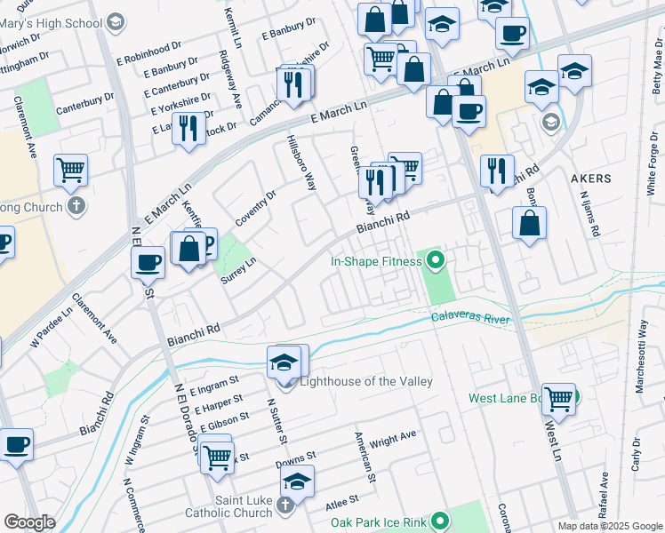 map of restaurants, bars, coffee shops, grocery stores, and more near 4479 La Cresta Way in Stockton