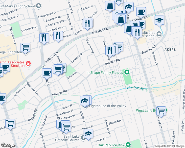 map of restaurants, bars, coffee shops, grocery stores, and more near 405 East Bianchi Road in Stockton