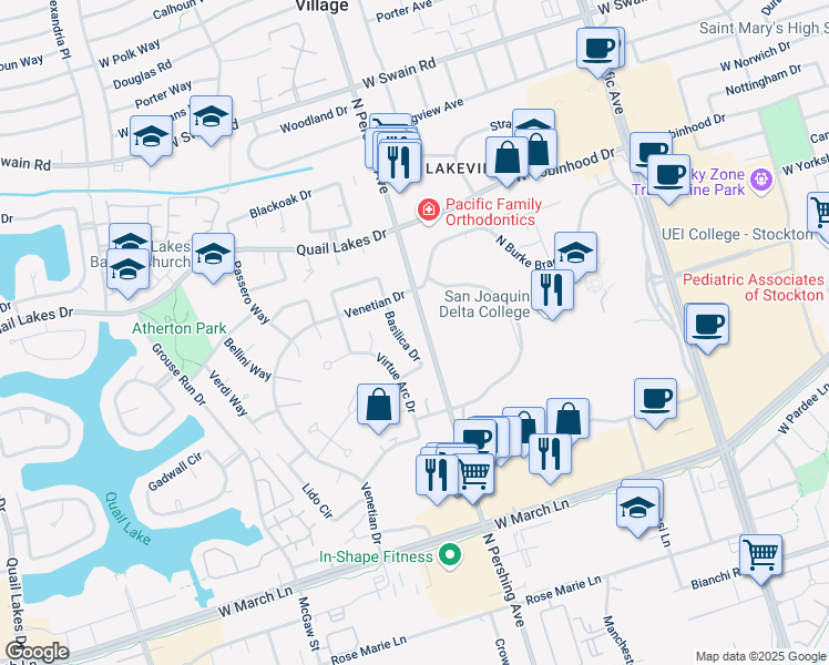 map of restaurants, bars, coffee shops, grocery stores, and more near 5216 Basilica Drive in Stockton
