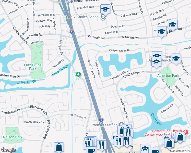 map of restaurants, bars, coffee shops, grocery stores, and more near 5705 Turtle Valley Drive in Stockton