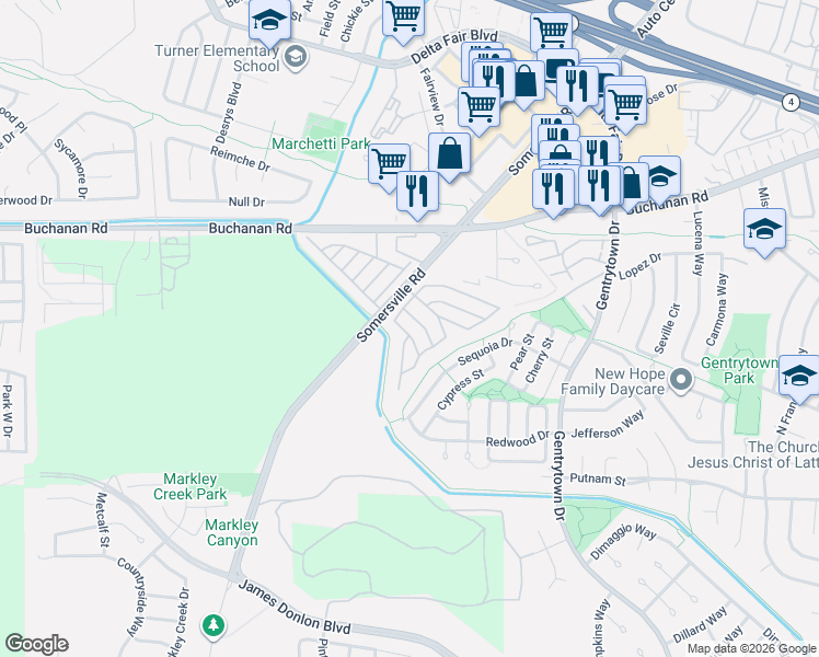 map of restaurants, bars, coffee shops, grocery stores, and more near 44 Mark Lane in Antioch